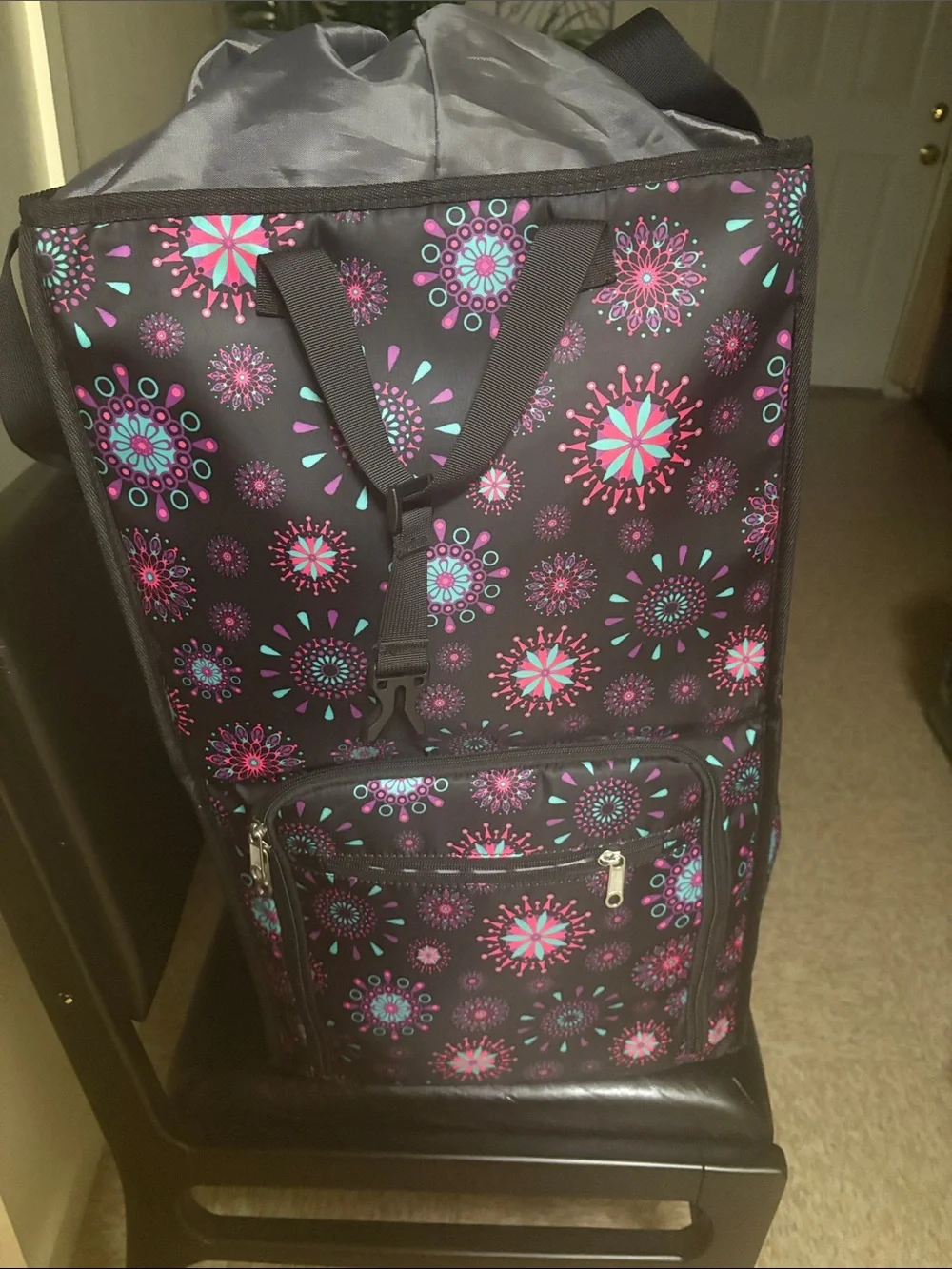 Stylish Black Drawstring Tote Bag with Pink & Teal Floral Print